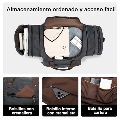 EKOROMIER 55L Canvas Travel Bag for Men - Expandable Weekend Bag - Carry-on Luggage for Gym, Short Trip and Flight