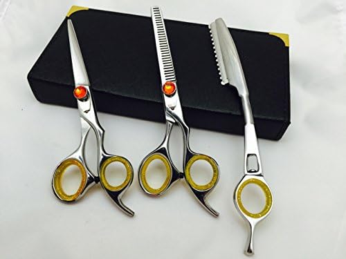 5.5" Professional Barber Razor Edge Silver Titanium Coated Hair Cutting and Texturizing Shears Scissors with Straight Razor Student Teacher Kit Set+case Black