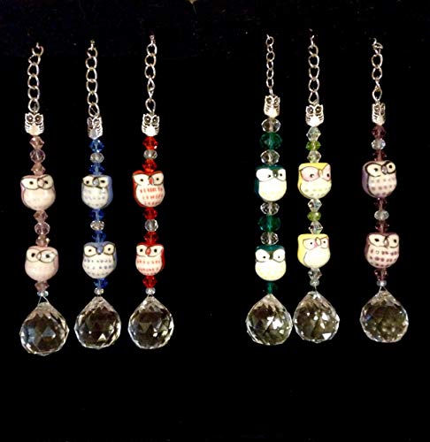 Ceramic Owl Rear View Mirror Crystal Car Charm Sun Catchers,Owl Window Sun Catcher with Real Crystals and 20mm Crystal Ball Prism, Lucky Owl Charm, Window Ornament, Crystal Ball Prism Suncatcher