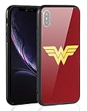 Justice League Superhero Theme Designed for Apple iPhone Xs Case (2018) / Designed for Apple iPhone X Case (2017), Tempered Glass Back Cover and Soft Silicone Rubber Bumper Frame (Wonder Woman 04)