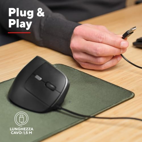 Yuno Mouse Ergonomico Cablato, Mouse Verticale per Destrorsi, Nero