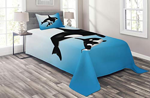 Lunarable Whale Coverlet, Orca Family Mother and Swimming in The Ocean Parenthood Theme, 2 Piece Decorative Quilted Bedspread Set with 1 Pillow Sham, Twin Size, White Black
