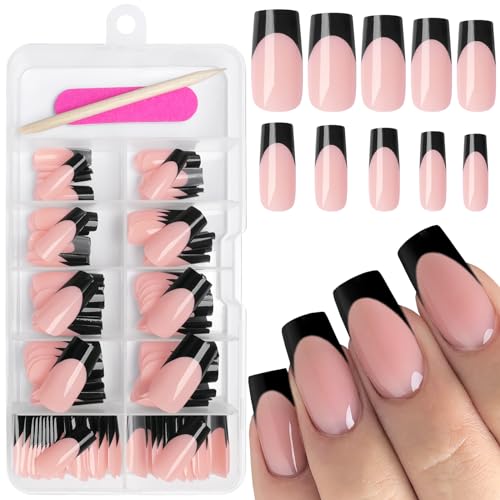 AddFavor French Press-On Nails, 120pcs Black French Tips Long Glossy Nude Gel Press-On Artificial Medium Length False Nails with Adhesive Tab for Women Girls