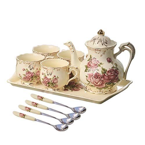YOLIFE Red Rose Ivory Ceramic Tea Set,Vintage Tea Set With Teapot,Pretty Tea set Service for 4