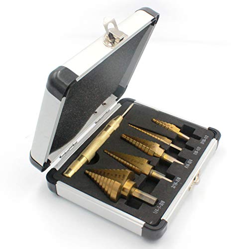 Step Drill Bit Set with Automatic Center Punch- Titanium Coated, Double Cutting Blades, High Speed Steel, Short Length Drill Bits Set of 5 pcs, Total 50 Sizes with Aluminum Case, Multiple Hole Step