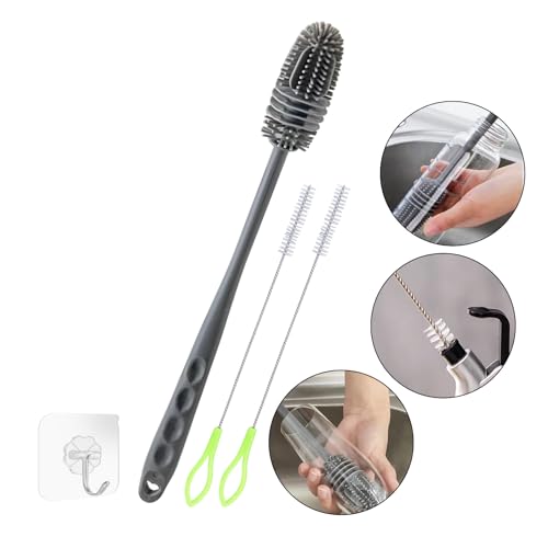 Kit Escovas para Lavar Garrafas e Canudos - Escova de Silicone para Limpeza de Mamadeira e Garrafa + 2 Escovas para Canudos + Gancho adesivo – Não Risca e Alcança Áreas Difíceis