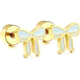 20g Light Blue Bow Flat Screw Back Small Stud Earrings for Women Minimalist Cute Surgical Steel Gold Plated Enamel Ribbon Cartilage Tragus Piercing Sleeper Tiny Studs Hypoallergenic Birthday Gift for Daughter Bff Christmas