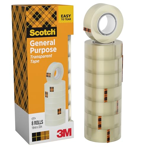 Cinta Adhesiva Transparente - 8 rollos - 19mm x 33m - Cinta Adhesiva para Uso General para el Colegio, el Hogar y la Oficina
