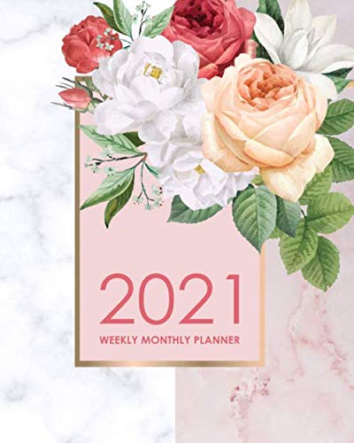 2021 Weekly Monthly Planner: Desk Diary 2021 - Appointment Diary 2021 - Daily Organiser Planner 2021 - Victorian Flowers White Pink Marble