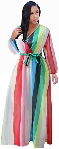 Women's Chiffon Dresses Plus Size V-Neck Stylish Printed Floral Maxi Dress with Belt Oversize S-5X