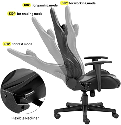 Gaming Chair Home Office Chair 180 Degree Reclining Height Adjustable with Massage Lumbar Support Headrest Armrest PU Leather Ergonomic Design Swiveling Chairs, Black