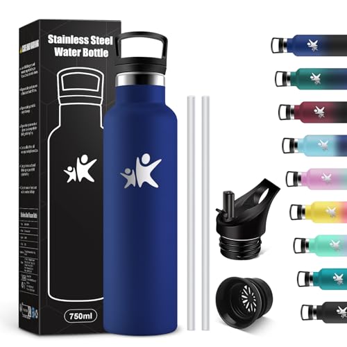 KollyKolla Trinkflasche Edelstahl 750ml, Isolierflasche mit Strohhalm, BPA-Frei, Kohlensäure Geeignet, Vakuum Thermosflasche, Wasserflasche für Erwachsene, Uni, Sport, Büro, Gym, Fahrrad, Camping