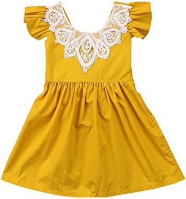 CAIBIET Infant Toddler Baby Girl Dress Lace Collar Ruffle Sleeve Romper Spring Summer Outfit (Yellow, 80(6-12 Months))