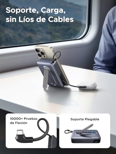UGREEN 10000mAh Power Bank QI2 15W Inalámbrico PD 30W Carga Rápida, Bateria Portatil iPhone con Cable USB-C Integrado y Soporte Plegable, Pila Portatil Magsafe Compatible con iPhone 17/16/15, Galaxy