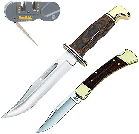 Save set Buck Knives 0119 Leather Sheath w/ Special Fixed Blade Knife (Wood &amp; Brass) plus Folding Hunter Knife plus Grey Smith's PP1 Pocket Pal Multifunction Sharpener