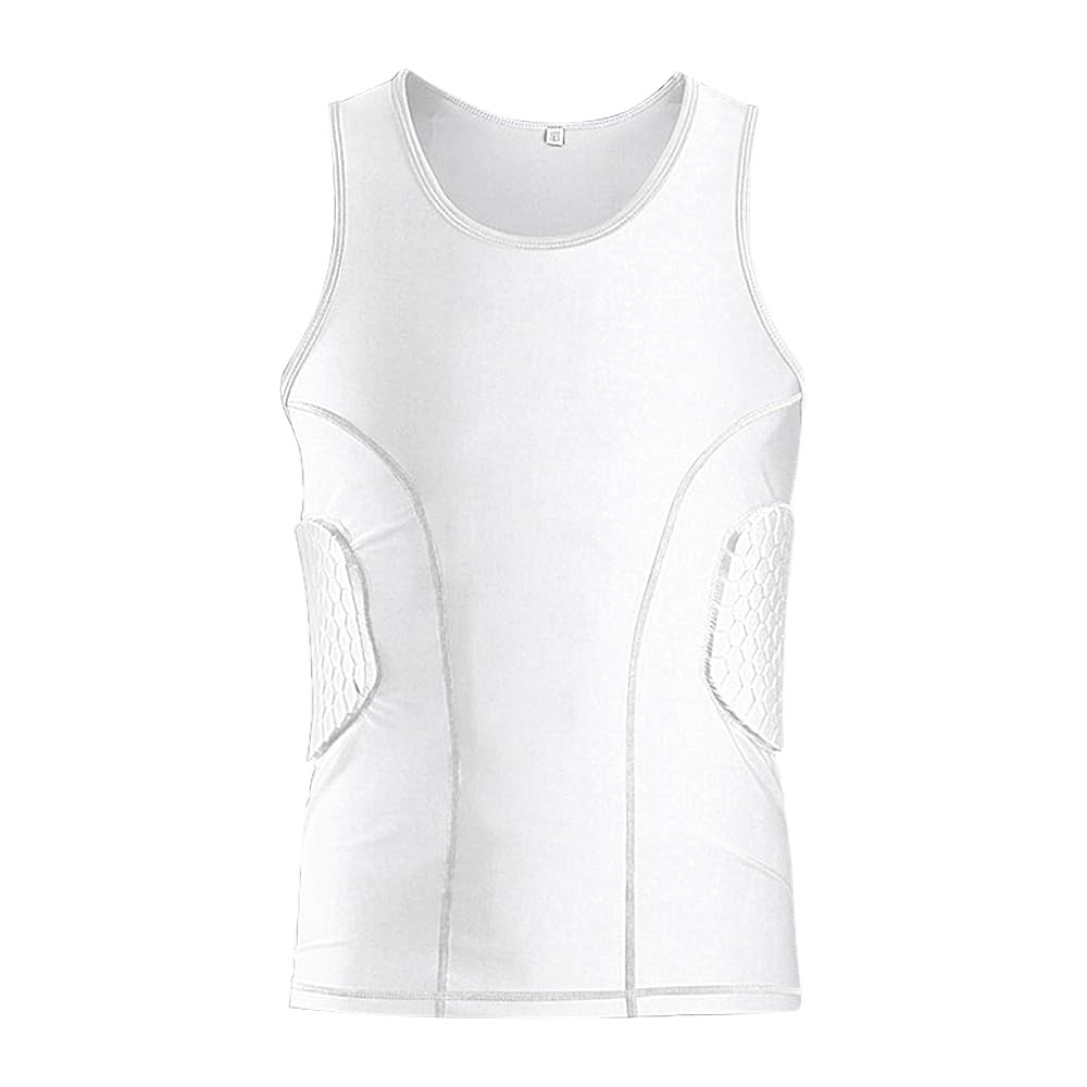 Photo 1 of Mens Padded Football Shirt with Pads Chest Rib Protector Heart Guard Sternum Protection- Mens Padded Compression Shirt Football Rib Protectors for Baseball Basketball Paintball Rugby - White-S