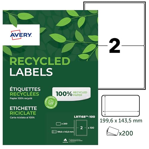 Avery Printable, customisable Recycled Parcel Shipping Labels, Laser Printers, 2 Labels Per A4 Sheet, 200 labels, QuickPEEL, White