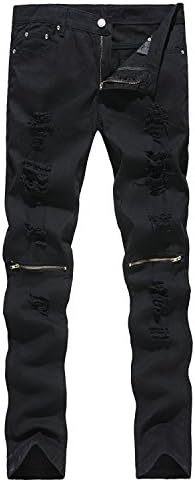 ZhouYCHEN Men's Biker Skinny Fit Ripped Distressed Destroyed Holes Jeans Zipper On Knees