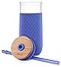 Ello Devon 18oz Glass Tumbler with Straw, Friction Fit Bamboo Wood Lid and Silicone Sleeve | Perfect for Iced Coffee, Tea, and Smoothies | Denim