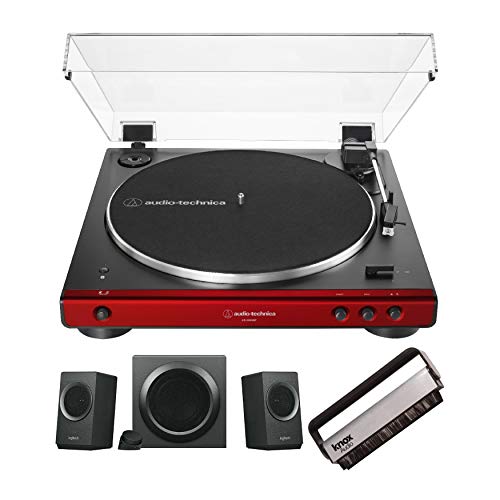 Audio-Technica AT-LP60XBT Bluetooth Fully Automatic Stereo Turntable (Red) Bundle with Logitech Z337 Bold Sound Bluetooth Wireless 2.1 Speaker System and Knox Gear Vinyl Brush Cleaner (3 Items)