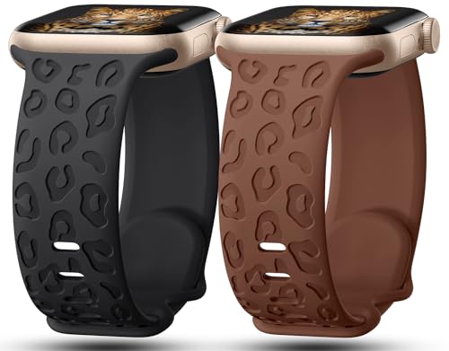 IKANFI 2Pack Leopard Engraved Bands Compatible with Apple Watch Band 49mm 46mm 45mm 44mm 42mm Women, Silicone Cheetah Sport Strap for iWatch Series SE 10 9 8 7 6 5 4 3 2 1,Ultra-BKCF-42