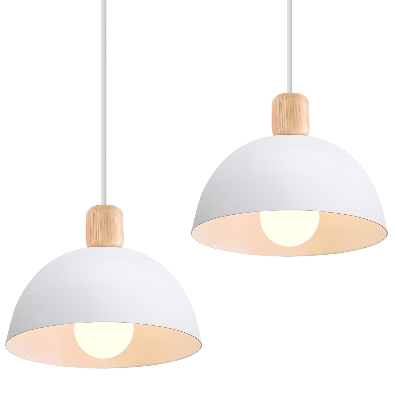 iDEGU Set of 2 Retro Pendant Light Fixtures E27 Ceiling Light Modern Scandinavian Style 20cm Hemisphere Hanging Lampshade Metal Wood Pendant Light for Bedroom Dining Room Kitchen Restaurant (White) — image 1