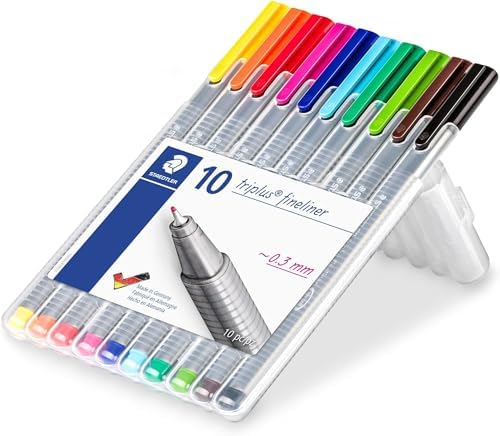 penne colorate Triplus fineliner, punta fine rinforzata in metallo 0.3mm, tratto sottile, fusto triangolare ergonomico, colori brillanti, confezione da 10 fineliner, 334 SB10