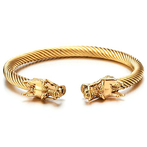 Elastic Adjustable Mens Steel Gold Color Dragon Head Twisted Cable Bangle Cuff Bracelet, Polished