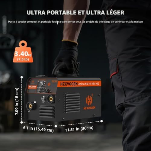 MIG145II 145A Poste à Souder Fil Fourré Sans Gaz, 3 en 1 MIG/ARC/Lift TIG, Contrôle Synergique, IGBT Inverter, Écran LED, Compact pour Débutants & DIY Maison