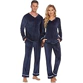 Ekouaer Couples Matching Pajamas Sets Velvet PJs Set for Men and Women Velour Long Sleeve Sleepwear S-XXL Navy