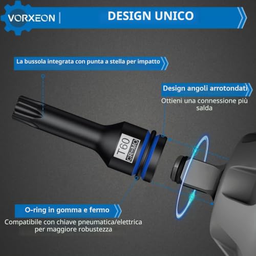 VORXEON 10 Piece Torx Impact Socket Set with 1/2" Drive in Steel 42CRMO (T25-T80), Star Hexagonal Socket Set with Case for Pneumatic, Electric and Dynamometer Keys