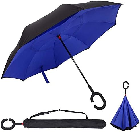 Double Layer Inverted Umbrella Cars Reverse folding Umbrella Windproof UV Protection Big Straight Umbrella for Car Rain &amp;Sun Outdoor With C-Shaped Handle Travel Umbrella (Dark Blue)