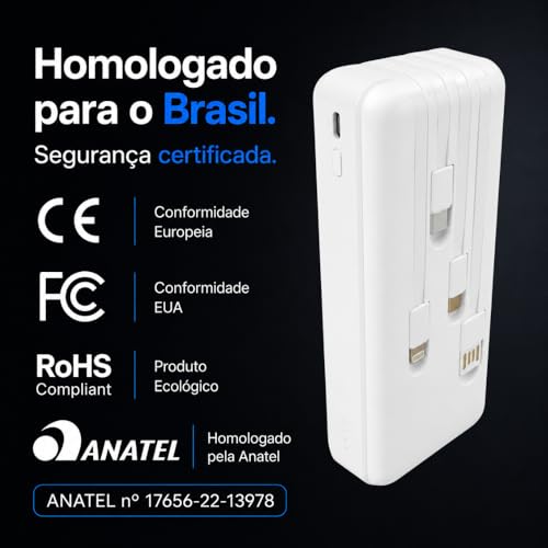 Power Bank Carregador Portátil Universal 20000mAh com Cabos Integrados USB-A, USB-C (Type-C), Micro-USB e USB-Light Carregamento Rápido Bateria Externa Compacta para Celular Android iOS (branco)