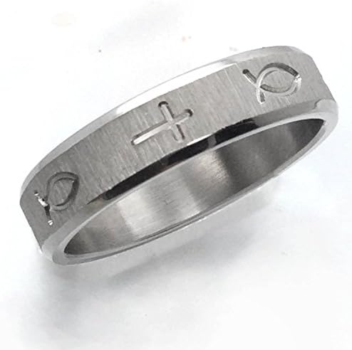 Frosted Cross &amp; Fish Stainless Steel Ring size 9