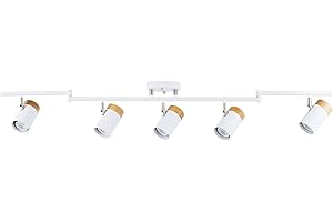 TEHENOO Track Lighting 5-Light, 49.6 Inch,Natural Wood,350°Rotation Track Heads,GU10 Bulb Socket, Track Light Fixture for Kitchen Artwork Dining Area (White)