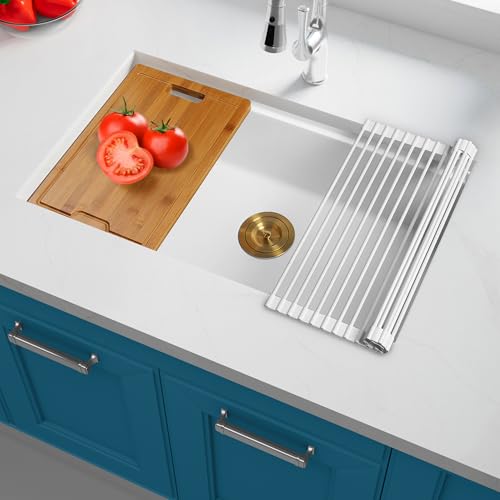 YAQUN White Undermount Kitchen Sink 32 Inch - Drop in Granite Quartz Composite Workstation Sink - Deep Single Bowl,Dual Mount,with Accessories