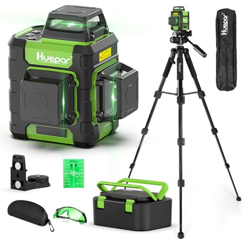 Huepar 3 x 360° Cross Line Laser with 127 cm Tripod, Laser Spirit Level Leveling Device Self-Levelling with Pulse Mode, for Indoor and Outdoor Use, Green Line Laser for Construction Projects and Renovation
