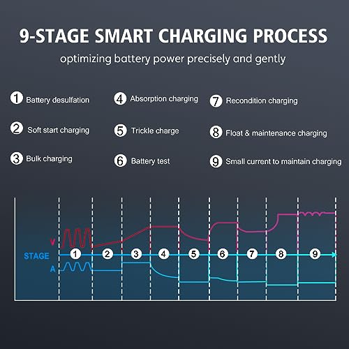 HTRC 6 V/12 V/24 V car battery charger, 30 A chargers for car batteries, battery charger for car, motorcycle, lawn mower, boat, lithium, LiFePO4 and lead acid (AGM, Gel, MF, EFB, SLA, VRLA, Wet)