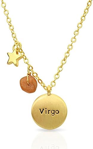 Miraclelove Gold Plated Brass Zodiac Charm Handmade Gemstone Pendant Necklace, 18"