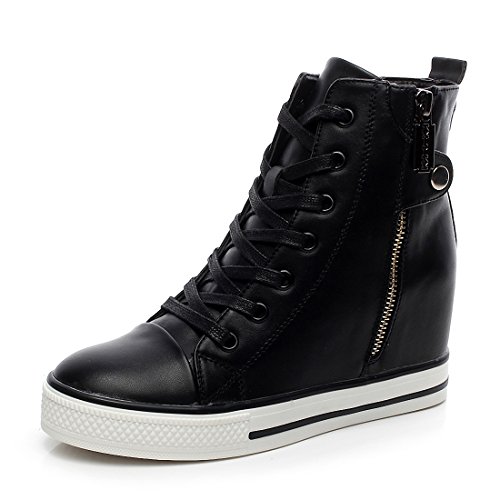 mewow Womens Casual High Top Wedge Hidden Heel Leather Shoes Fashion Sport Sneaker (6.5, Black)