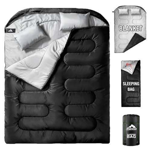 MEREZA Double Sleeping Bag for Adults Mens with Pillow, XL Queen Size Two Person Sleeping Bag for All Season Camping Hiking Backpacking 2 Person Sleeping Bags for Cold Weather & Warm