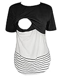 Women's Breastfeeding and Nursing Short Sleeves Lace Striped Shirt Tops Clothes (M, Black)