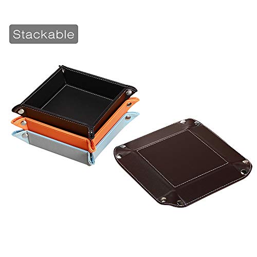 PUSU Desk Organizer Trays, Collapsible Household Catchall Storage Leatherette Drawer Valet Trays for Keys Remote Controller Jewelry Makeup Pens Change Coins Dice Trinkets (Brown) - Thumbnail 5