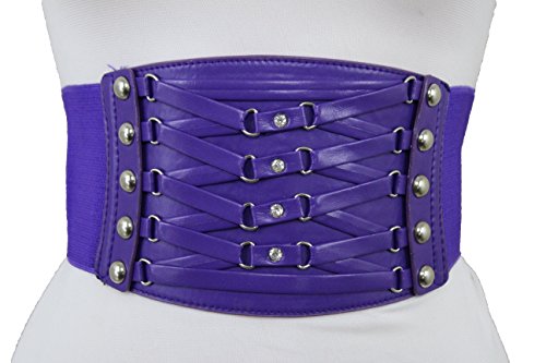 TFJ Women Fashion Wide Corset Belt High Waist Retro Studs Charms Plus M L XL Purple