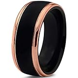 [EnvyJ] 8mm 18K Rose Gold Plated Black High Matte Tungsten Rings Carbide Domed Brushed Men's Women Wedding Band Ring Comfort Fit Finish Fit Size 5-16 w/ velvet box 5-15