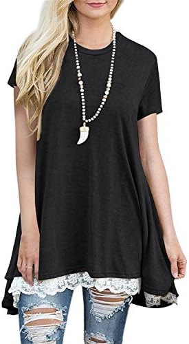 YIOIOIO Womens Short Sleeve Summer Flowy A-Line Tunic T-Shirt High Low Lace Tops