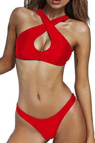 VNOOK Women Push up Brazilian Padded Top Swimsuit Thong 2PCS Bikini Sets Swimsuit Red M