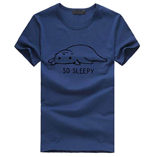 iYBUIA Men Cat Print Short Sleeve Tees, O-Neck Cotton Tops Blouse T-Shirts Navy