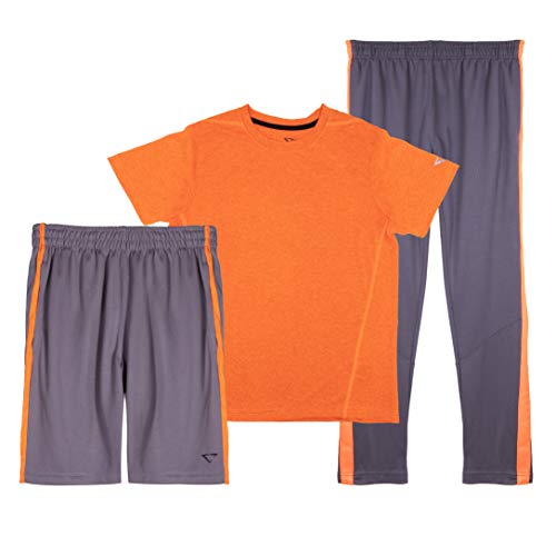 CHEETAH Boys 3 Piece Athletic Mesh T-Shirt, Shorts, and Tapered Track Pants Set, Grey and Orange, 10/12