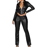 BIUPOS Women’s 2 Piece Sets Zip Up Long Sleeve Leather PU Jacket Flare Pants Set Fall Y2K Streetwear Date Night Club Outfits